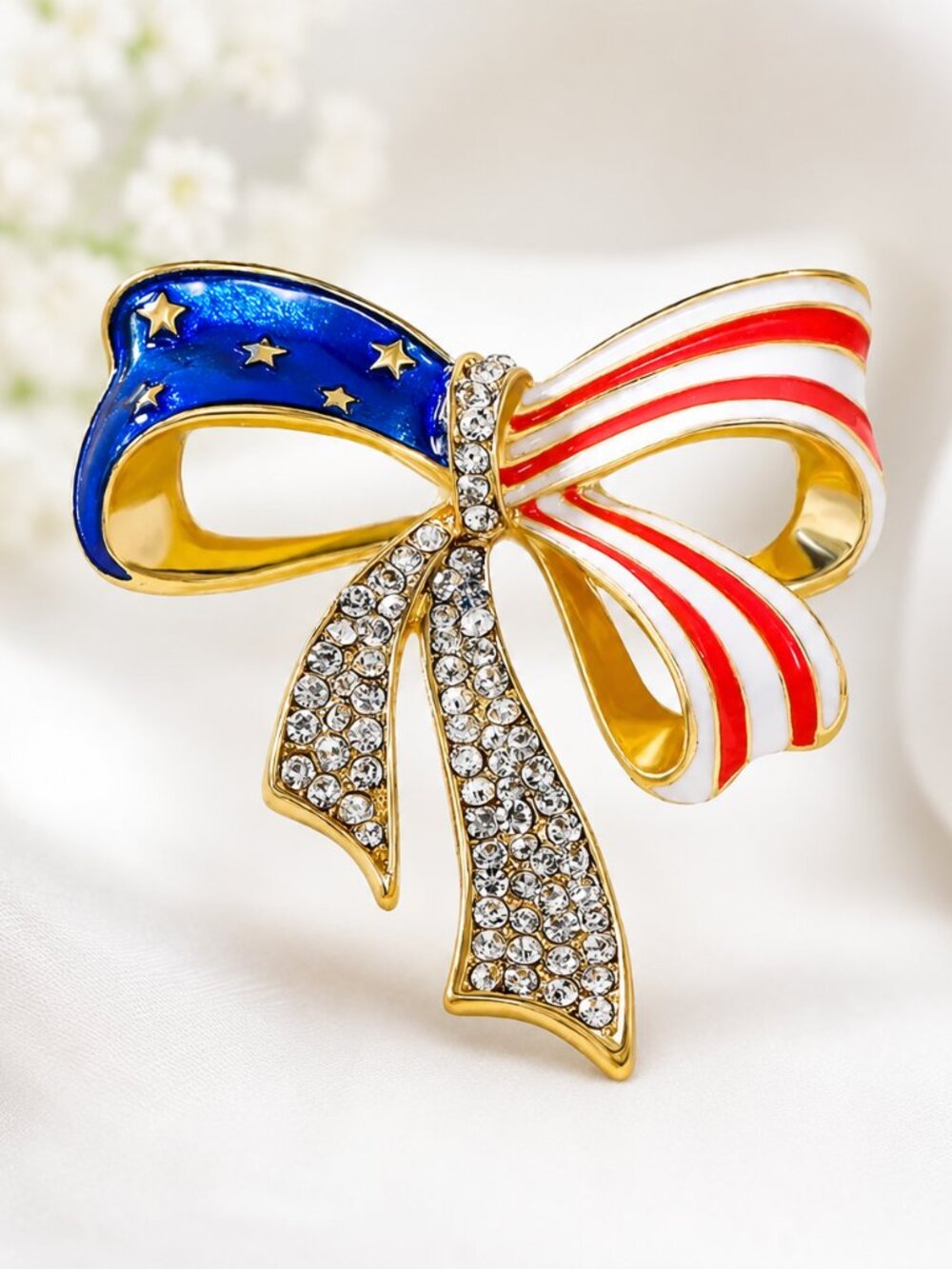 USA Patriotic 4th of July Flag Bowknot Brooch Rhinestone Enamel Star Stripes New